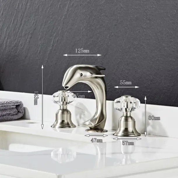 Dolphin Shape Bathroom Sink Faucet, Widespread Crystal Accents Two Handles Three Holes Bath Mixer Taps for Sink, Hot and Cold Water Hoses Included