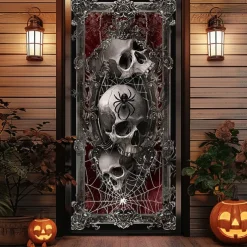 Door Decorations Door Covers Skulls Door Tapestry Door Curtain Decoration Backdrop Door Banner for Front Door Farmhouse Holiday Party Indoor Outdoor Decor Supplies Spider Net