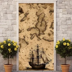 Door Decorations Door Covers Vintage Nautical Map Pirate Door Tapestry Door Curtain Decoration Backdrop Indoor/Outdoor Door Banner for Front Door Farmhouse