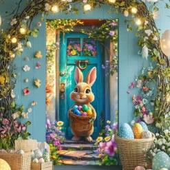 Door Decorations Door Covers Bunny Holding Eggs Door Tapestry Door Curtain Decoration Backdrop Indoor/Outdoor Door Banner for Front Door Farmhouse