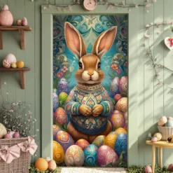 Door Decorations Door Covers Bunny Eggs Door Tapestry Door Curtain Decoration Backdrop Indoor/Outdoor Door Banner for Front Door Farmhouse