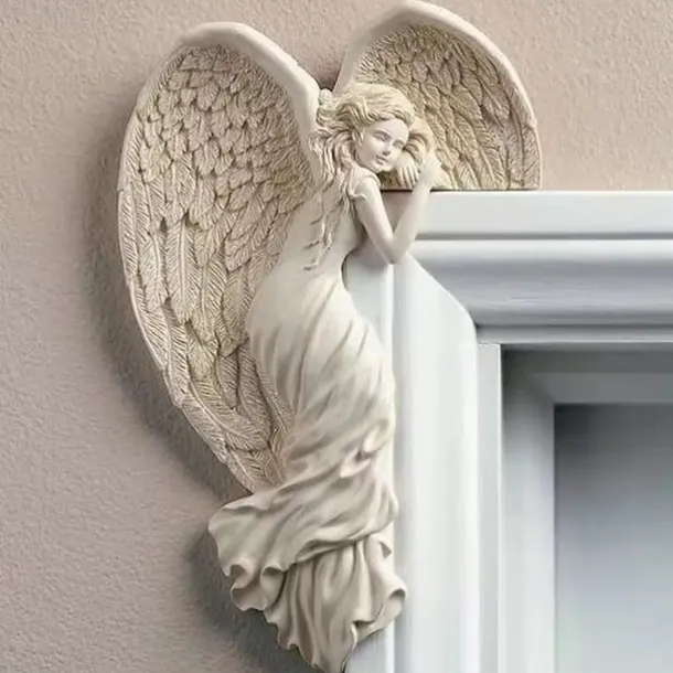 Door Frame Angel Decor Statues Ornaments with Heart-Shaped Wings Sculpture Angel in Your Corner Resin Wall Sculpture Crafts for Home Living Room Bedroom Decoration