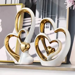 Double Heart Porcelain Decor for Living Room, Entryway, Coffee Table, and Shelves - Perfect Anniversary and Father's Day Gift for Couples and Lovers - Modern and Decorative Home Decor