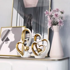 Double Heart Porcelain Decor for Living Room, Entryway, Coffee Table, and Shelves - Perfect Anniversary and Father's Day Gift for Couples and Lovers - Modern and Decorative Home Decor