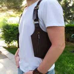 Double Shoulder Armpit Bag,Vintage Leather Men's Suspenders Shoulder Bag Outdoor Crossbody Phone Bag with Adjustable Zippered Pouch, Universally Compatible Wallet for Both Sides