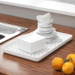 Double-Layer Plastic Dish Rack with Drainage Tray for Tableware, Fruit, and Bowl Storage