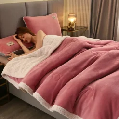Double-Sided Coral Fleece Blanket Three-Layer Quilted Thickened Cover Quilt Flannel Blanket Double Single Air-Conditioning Nap Blanket