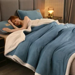 Double-Sided Coral Fleece Blanket Three-Layer Quilted Thickened Cover Quilt Flannel Blanket Double Single Air-Conditioning Nap Blanket