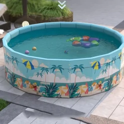 Durable PVC Tropical Family Fun Round Swimming Pool Foldable, No Inflation Needed, Perfect for Backyard Gatherings & Indoor Play Blue Palm Tree Design, Leisure Pool, Summer Vibes Pool, Pool Floats