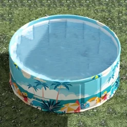 Durable PVC Tropical Family Fun Round Swimming Pool Foldable, No Inflation Needed, Perfect for Backyard Gatherings & Indoor Play Blue Palm Tree Design, Leisure Pool, Summer Vibes Pool, Pool Floats