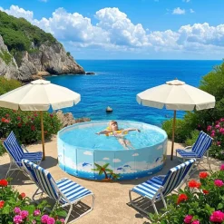 Durable PVC Tropical Family Fun Round Swimming Pool Foldable, No Inflation Needed, Perfect for Backyard Gatherings & Indoor Play Blue Palm Tree Design, Leisure Pool, Summer Vibes Pool, Pool Floats