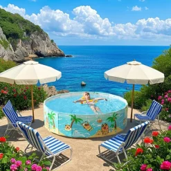 Durable PVC Tropical Family Fun Round Swimming Pool Foldable, No Inflation Needed, Perfect for Backyard Gatherings & Indoor Play Blue Palm Tree Design, Leisure Pool, Summer Vibes Pool, Pool Floats