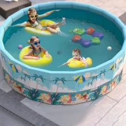 Durable PVC Tropical Family Fun Round Swimming Pool Foldable, No Inflation Needed, Perfect for Backyard Gatherings & Indoor Play Blue Palm Tree Design, Leisure Pool, Summer Vibes Pool, Pool Floats