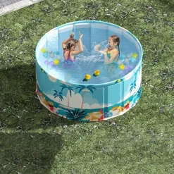 Durable PVC Tropical Family Fun Round Swimming Pool Foldable, No Inflation Needed, Perfect for Backyard Gatherings & Indoor Play Blue Palm Tree Design, Leisure Pool, Summer Vibes Pool, Pool Floats