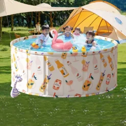 Durable PVC Tropical Family Fun Round Swimming Pool Foldable, No Inflation Needed, Perfect for Backyard Gatherings & Indoor Play Blue Palm Tree Design, Leisure Pool, Summer Vibes Pool, Pool Floats