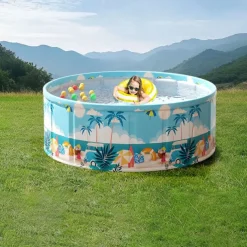 Durable PVC Tropical Family Fun Round Swimming Pool Foldable, No Inflation Needed, Perfect for Backyard Gatherings & Indoor Play Blue Palm Tree Design, Leisure Pool, Summer Vibes Pool, Pool Floats
