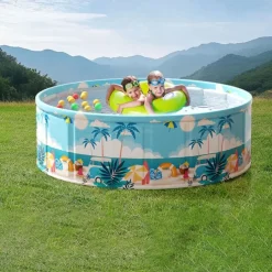 Durable PVC Tropical Family Fun Round Swimming Pool Foldable, No Inflation Needed, Perfect for Backyard Gatherings & Indoor Play Blue Palm Tree Design, Leisure Pool, Summer Vibes Pool, Pool Floats