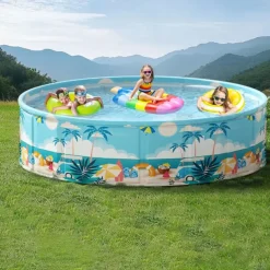 Durable PVC Tropical Family Fun Round Swimming Pool Foldable, No Inflation Needed, Perfect for Backyard Gatherings & Indoor Play Blue Palm Tree Design, Leisure Pool, Summer Vibes Pool, Pool Floats