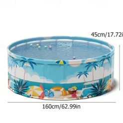 Durable PVC Tropical Family Fun Round Swimming Pool Foldable, No Inflation Needed, Perfect for Backyard Gatherings & Indoor Play Blue Palm Tree Design, Leisure Pool, Summer Vibes Pool, Pool Floats
