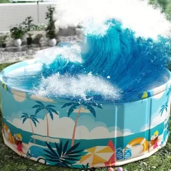 Durable PVC Tropical Family Fun Round Swimming Pool Foldable, No Inflation Needed, Perfect for Backyard Gatherings & Indoor Play Blue Palm Tree Design, Leisure Pool, Summer Vibes Pool, Pool Floats