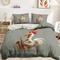Duvet Cover Set with Funny Rooster Print, 100% Cotton, Soft and Breathable Fabric, Includes Duvet Cover and Pillowcases, Hypoallergenic and Skin-Friendly, Machine Washable, Durable, Comfortable
