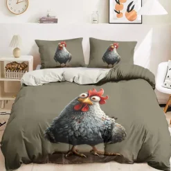 Duvet Cover Set with Funny Rooster Print, 100% Cotton, Soft and Breathable Fabric, Includes Duvet Cover and Pillowcases, Hypoallergenic and Skin-Friendly, Machine Washable, Durable, Comfortable