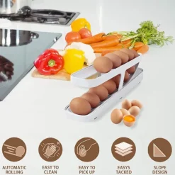 Egg Dispenser, Automatic Roll-on 2-Tiers Egg Trays, Egg Storage Box For Refrigerator, Plastic Egg Basket, Egg Fresh-Keeping Organizer, Kitchen Storage Accessories