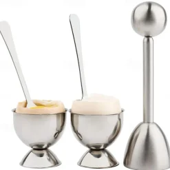 Egg Shell Opener Set 2 Pcs Egg Cups for Soft Boiled Eggs & 2 Pcs Spoons Rust-Resistant Stainless Steel Fits Any Size - Ergonomic Design Adjustable Effort for Effortless & Precise Cracking