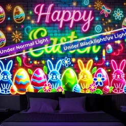 Eggs Blacklight Tapestry Glow in the Dark Glow Party UV Reactive Bunny Rabbit Trippy Misty Nature Landscape Hanging Tapestry Wall Art Mural for Living Room Bedroom
