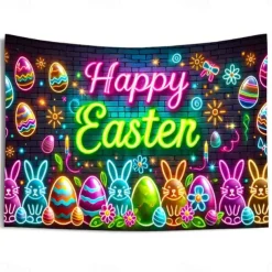 Eggs Blacklight Tapestry Glow in the Dark Glow Party UV Reactive Bunny Rabbit Trippy Misty Nature Landscape Hanging Tapestry Wall Art Mural for Living Room Bedroom