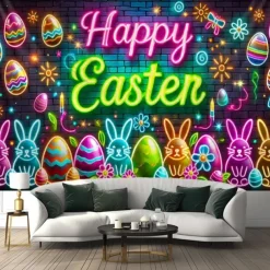 Eggs Blacklight Tapestry Glow in the Dark Glow Party UV Reactive Bunny Rabbit Trippy Misty Nature Landscape Hanging Tapestry Wall Art Mural for Living Room Bedroom