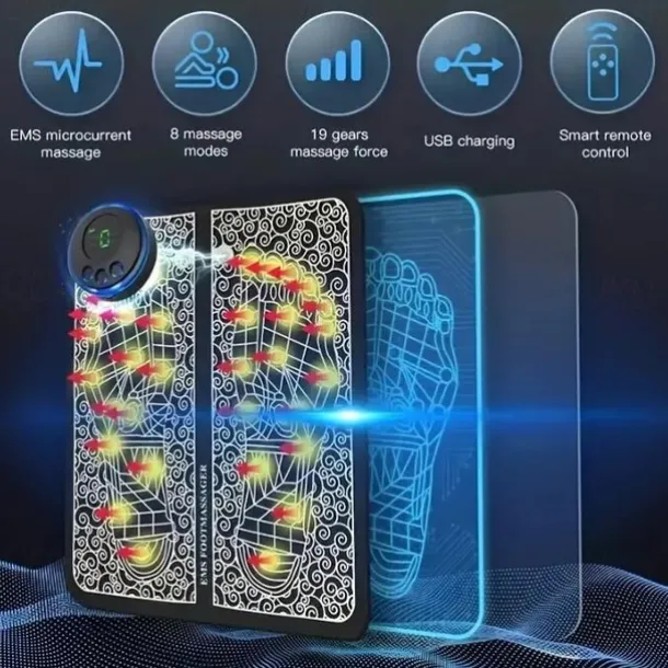 Electric EMS Foot Massager, Pad Remote Controlable & Rechargeable Pain Relief Relaxation Foot Acupoint Massage Pad Muscle Stimulation Improve Blood Circulation Gifts For Home Office Holiday