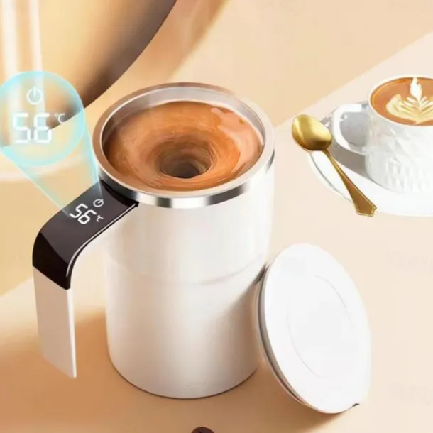Electric Magnetic Mug Self Stirring Coffee Mug 13oz, Rechargeable Auto Mixing Mug with LED Temperature Display, SUS 304 Stainless Steel, Spill-Proof Lid, for Home, Office, Travel, Gift for Coffee Love