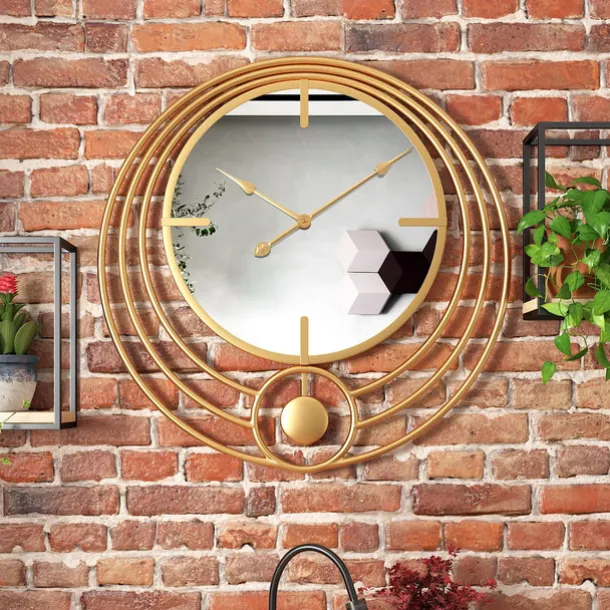 Electronic Wall Clock Large Wall Clock with Mirror Round Battery Operated Silent Quartz Movement Metal Wall Clock for Home Living Room Decor Gold Black 50cm