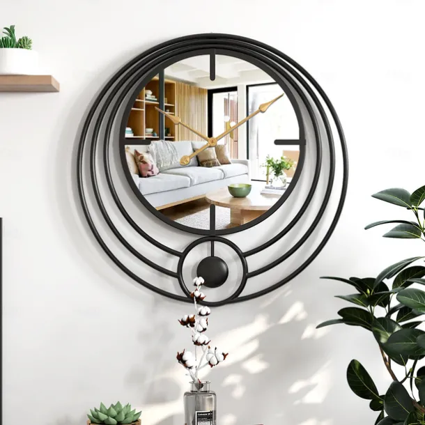 Electronic Wall Clock Large Wall Clock with Mirror Round Battery Operated Silent Quartz Movement Metal Wall Clock for Home Living Room Decor Gold Black 50cm