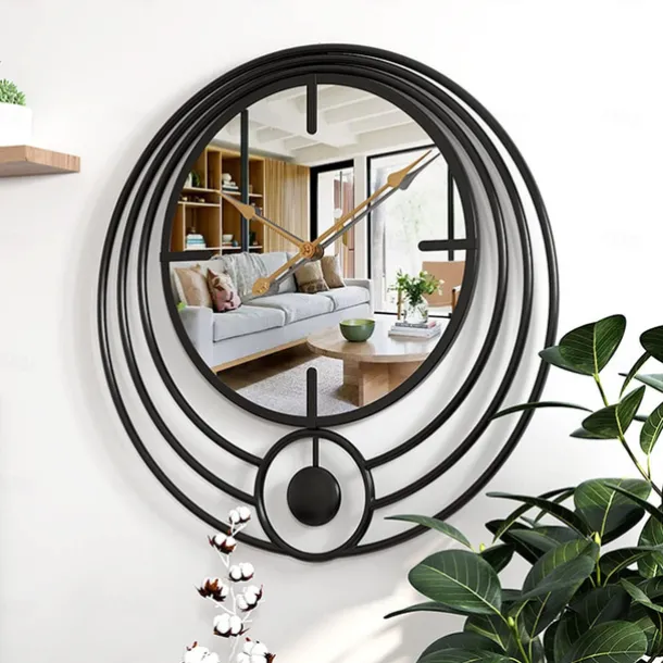 Electronic Wall Clock Large Wall Clock with Mirror Round Battery Operated Silent Quartz Movement Metal Wall Clock for Home Living Room Decor Gold Black 50cm