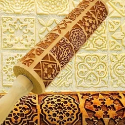 Embossing Rolling Pin (13.77''x1.77''), Wooden Rolling Pin, Square Flower Pattern Dough Roller, For Pizza, Pie, Cookies, Dumplings, Noodles, And More, Kitchen Utensils, Kitchen Gadgets, Kitchen Accessories, Home Kitchen Items