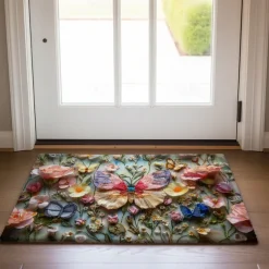Embroidery Butterly Flowers Doormat Non-Slip Oil Proof Rug Indoor Outdoor Mat Bedroom Decor Bathroom Mat Entrance Rug Door Mat