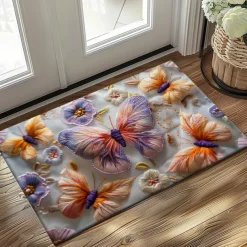 Embroidery Butterly Flowers Doormat Non-Slip Oil Proof Rug Indoor Outdoor Mat Bedroom Decor Bathroom Mat Entrance Rug Door Mat
