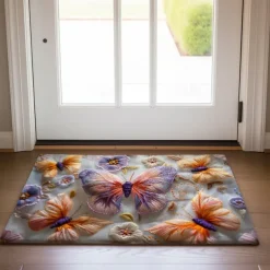 Embroidery Butterly Flowers Doormat Non-Slip Oil Proof Rug Indoor Outdoor Mat Bedroom Decor Bathroom Mat Entrance Rug Door Mat