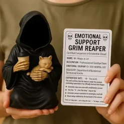 Emotional Support Grim Reaper Figurine, STAtue of The Grim REAper Holding Coffee,Resin GRIM Reapers S-tatue Holding Coffee,Ironic Gothic Black Robe Mysterious Statue Desktop Decoration
