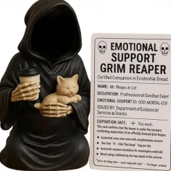 Emotional Support Grim Reaper Figurine, STAtue of The Grim REAper Holding Coffee,Resin GRIM Reapers S-tatue Holding Coffee,Ironic Gothic Black Robe Mysterious Statue Desktop Decoration