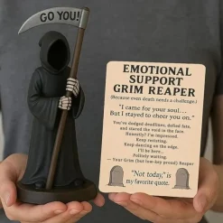Emotional Support Grim Reaper Figurine, STAtue of The Grim REAper Holding Coffee,Resin GRIM Reapers S-tatue Holding Coffee,Ironic Gothic Black Robe Mysterious Statue Desktop Decoration