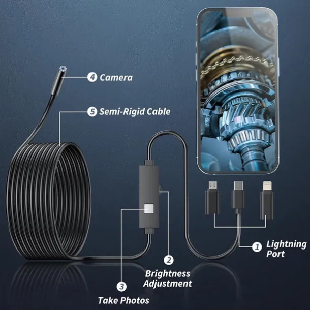 Endoscope Camera with Light,1080P HD Borescope Tools with Adjustable LED Lights, Endoscope with Semi-Rigid Snake Camera, Inspection Borescope for iOS and Android, 16.4ft Single Lens