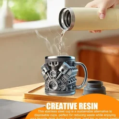 Engines Stainless Steel Mug, Creative Resin and Stainless Steel Coffee Cup, Unique Personality Drinkware, Stylish Whiskey Glass, Perfect Gift and Decorative Figurine for Home and Office