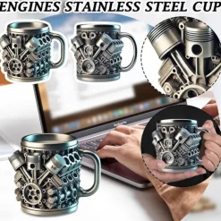 Engines Stainless Steel Mug, Creative Resin and Stainless Steel Coffee Cup, Unique Personality Drinkware, Stylish Whiskey Glass, Perfect Gift and Decorative Figurine for Home and Office