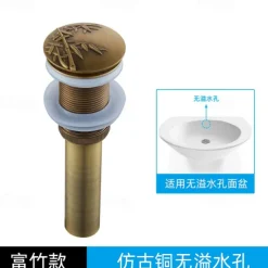 Engraved Antique Brass Pop Up Bathroom Sink Drain Strainer Stopper no Overflow Hole Kitchen Basin Sink Bottle Trap Drainer