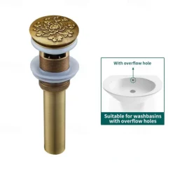 Engraved Antique Brass Pop Up Bathroom Sink Drain Strainer Stopper no Overflow Hole Kitchen Basin Sink Bottle Trap Drainer