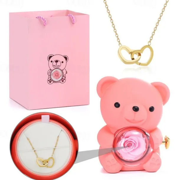 Eternal Rose Bear with Necklace,Valentines Day Gifts for Her Romantic Gift for Valentines Day, Wedding, Mothers Day and Anniversary