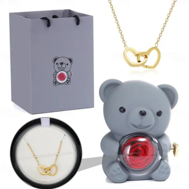 Eternal Rose Bear with Necklace,Valentines Day Gifts for Her Romantic Gift for Valentines Day, Wedding, Mothers Day and Anniversary
